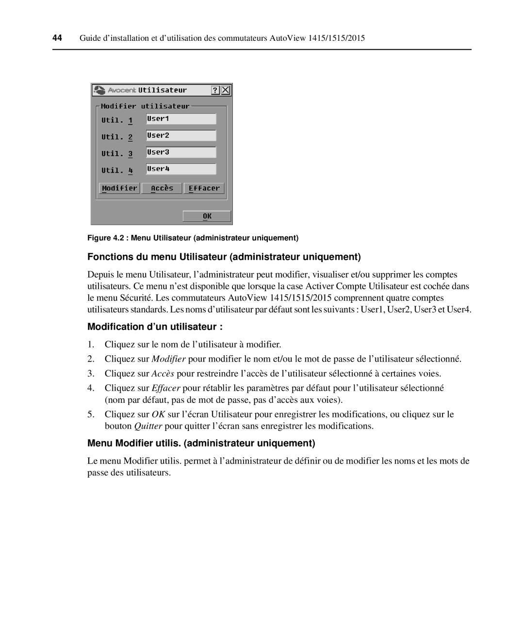 Casio 2015 manual Fonctions du menu Utilisateur administrateur uniquement, Modification d’un utilisateur 