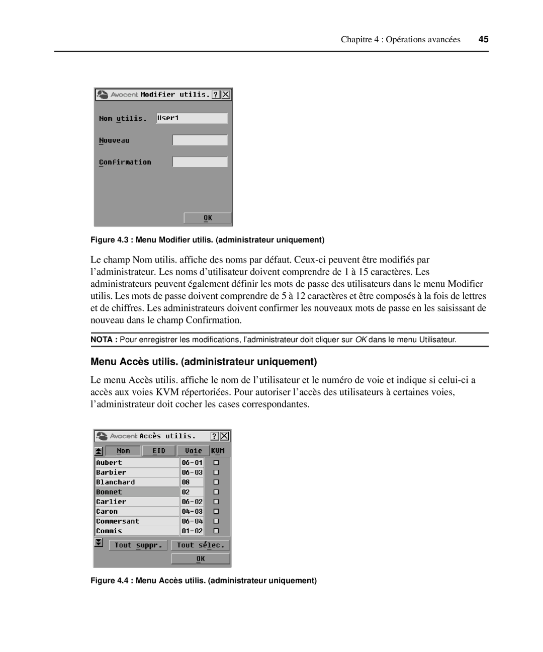 Casio 2015 manual Menu Accès utilis. administrateur uniquement, Menu Modifier utilis. administrateur uniquement 