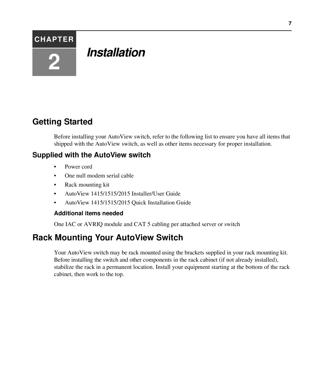 Casio 2015 Getting Started, Rack Mounting Your AutoView Switch, Supplied with the AutoView switch, Additional items needed 