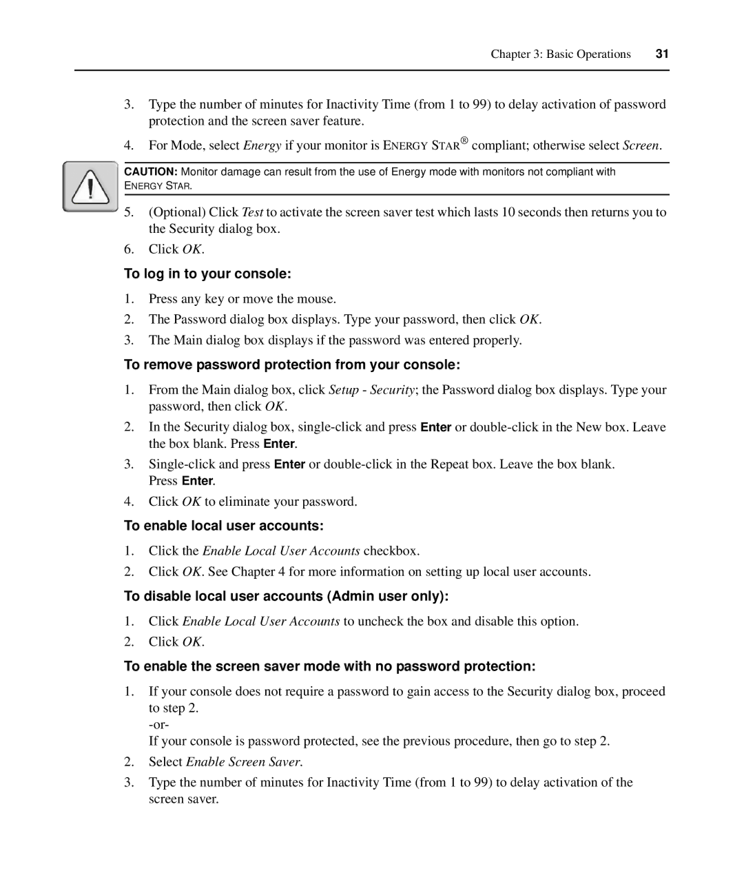 Casio 2015 manual To log in to your console, To remove password protection from your console, To enable local user accounts 