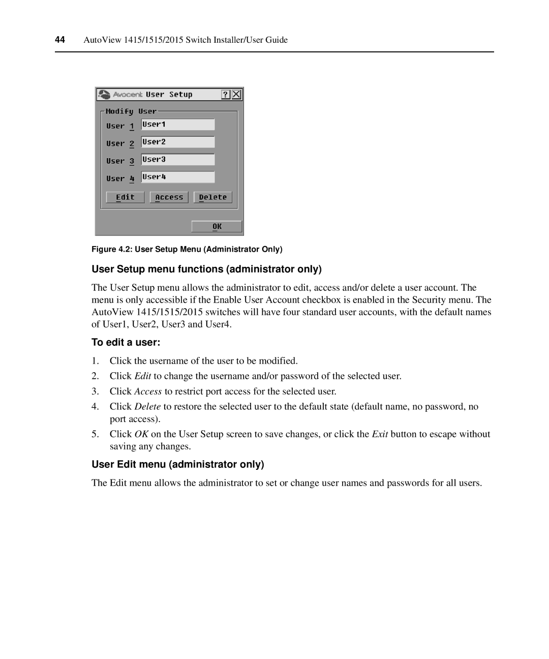 Casio 2015 manual User Setup menu functions administrator only, To edit a user, User Edit menu administrator only 