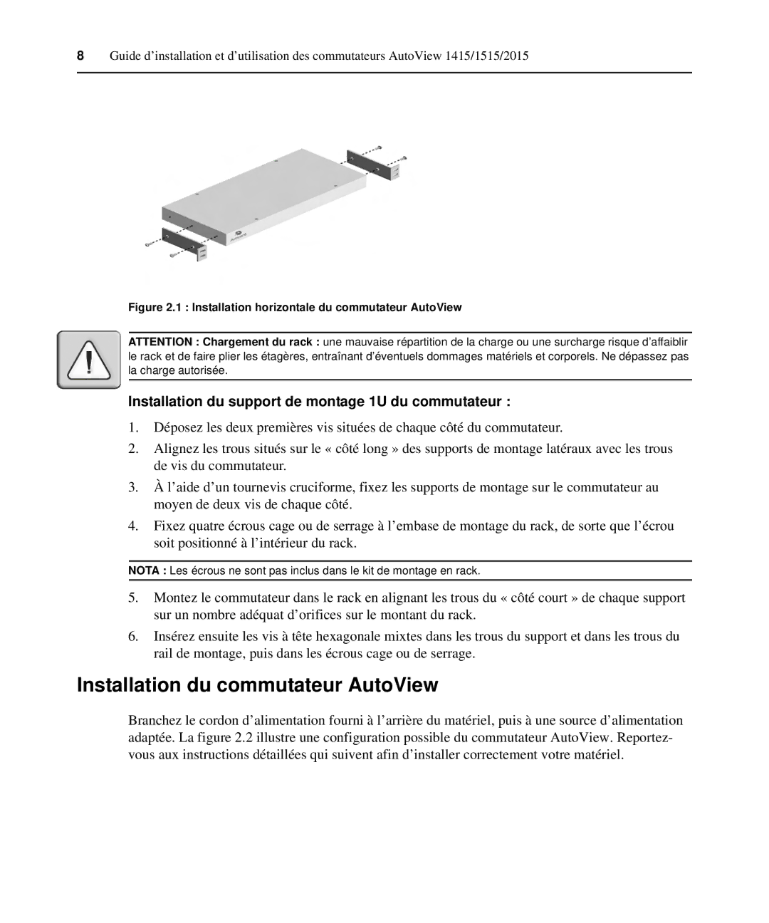 Casio 2015 manual Installation du commutateur AutoView, Installation du support de montage 1U du commutateur 