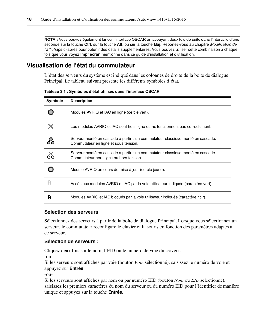 Casio 2015 manual Visualisation de l’état du commutateur, Sélection des serveurs, Sélection de serveurs 