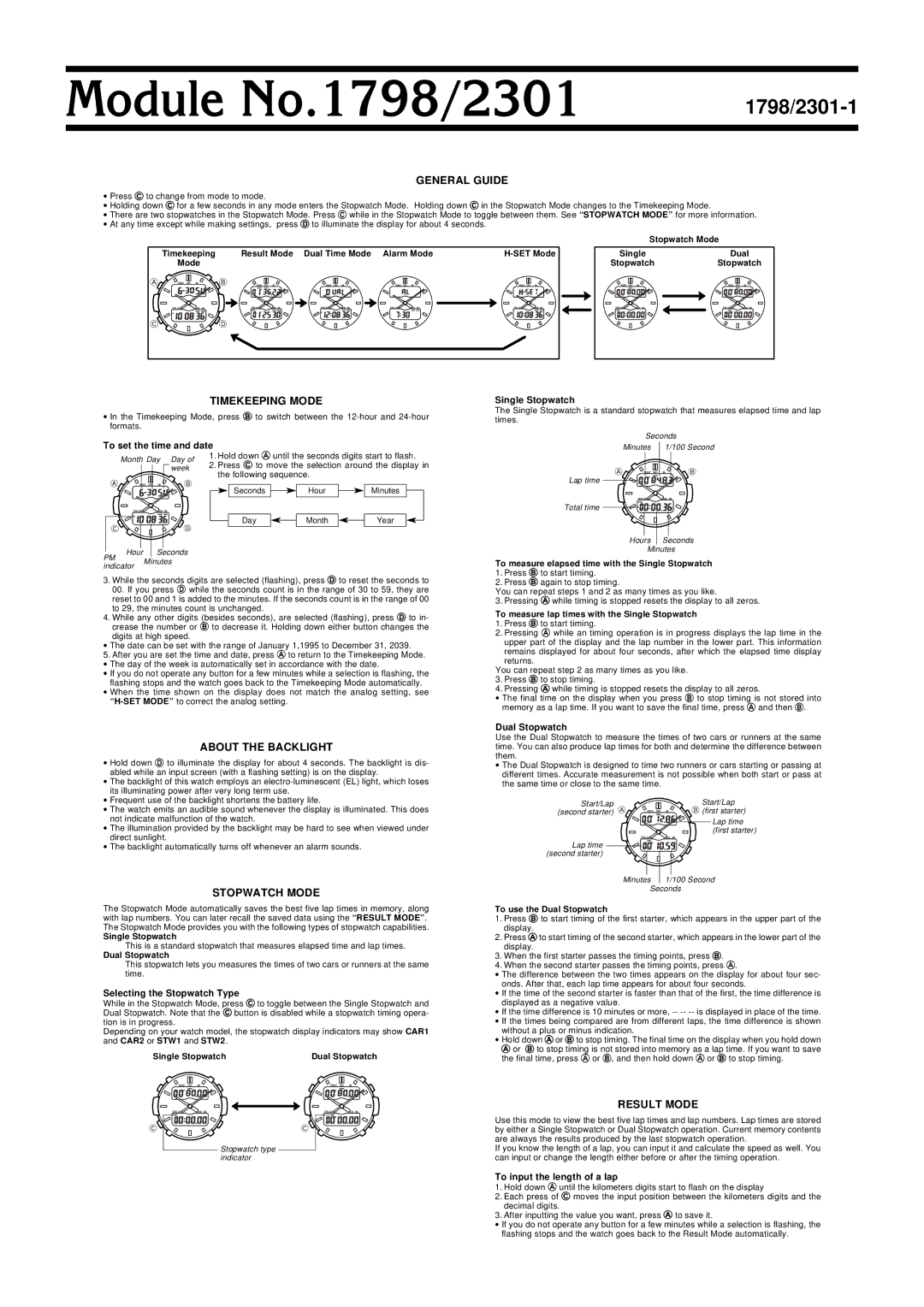 Casio 2301 manual General Guide, Timekeeping Mode, About the Backlight, Stopwatch Mode, Result Mode 