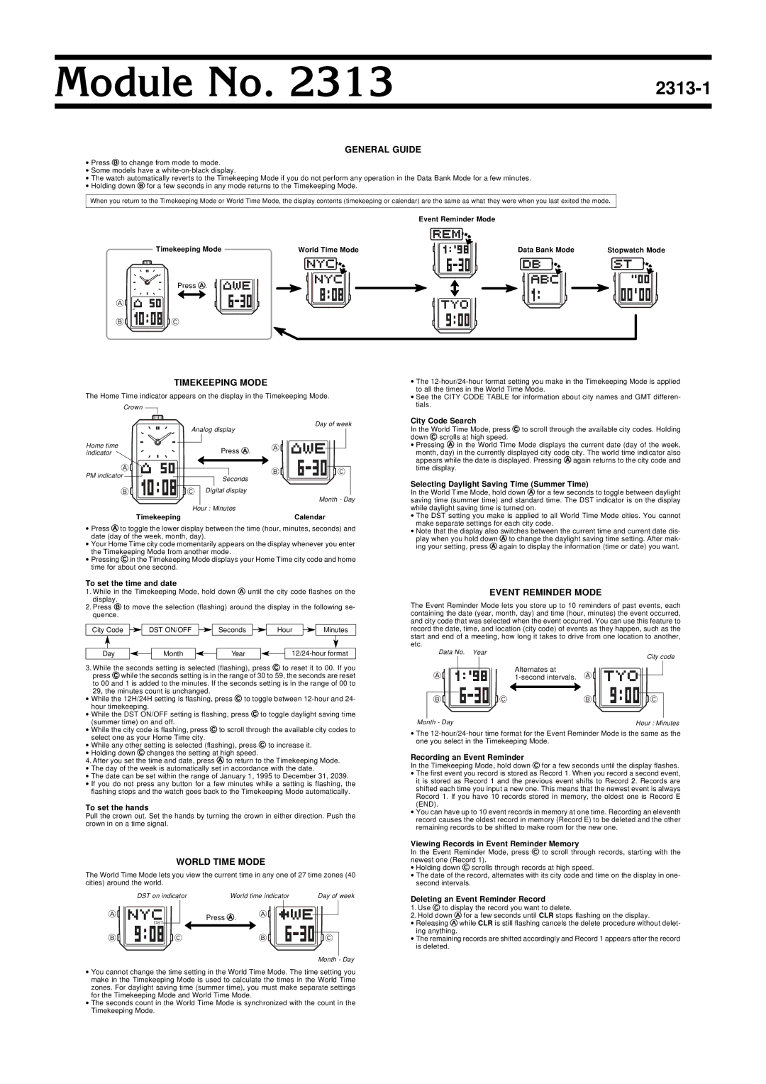 Casio 2313-1 manual General Guide, Timekeeping Mode, Event Reminder Mode, World Time Mode 