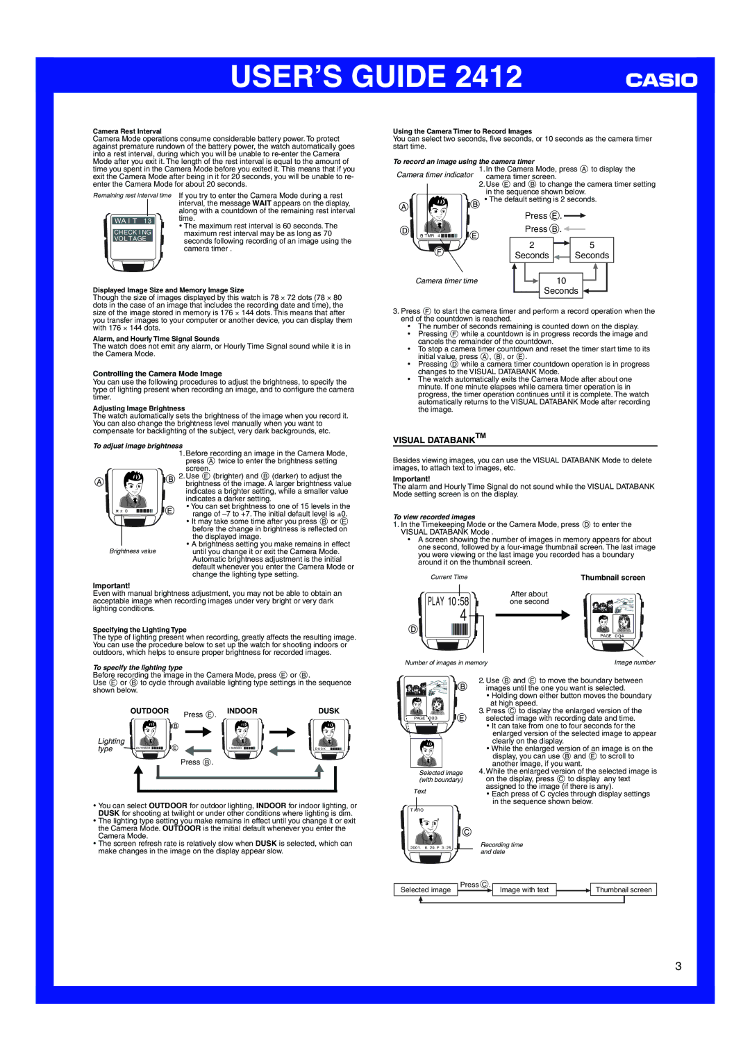 Casio 2412 manual Press E Press B, Seconds Seconds, Outdoor, Indoor 