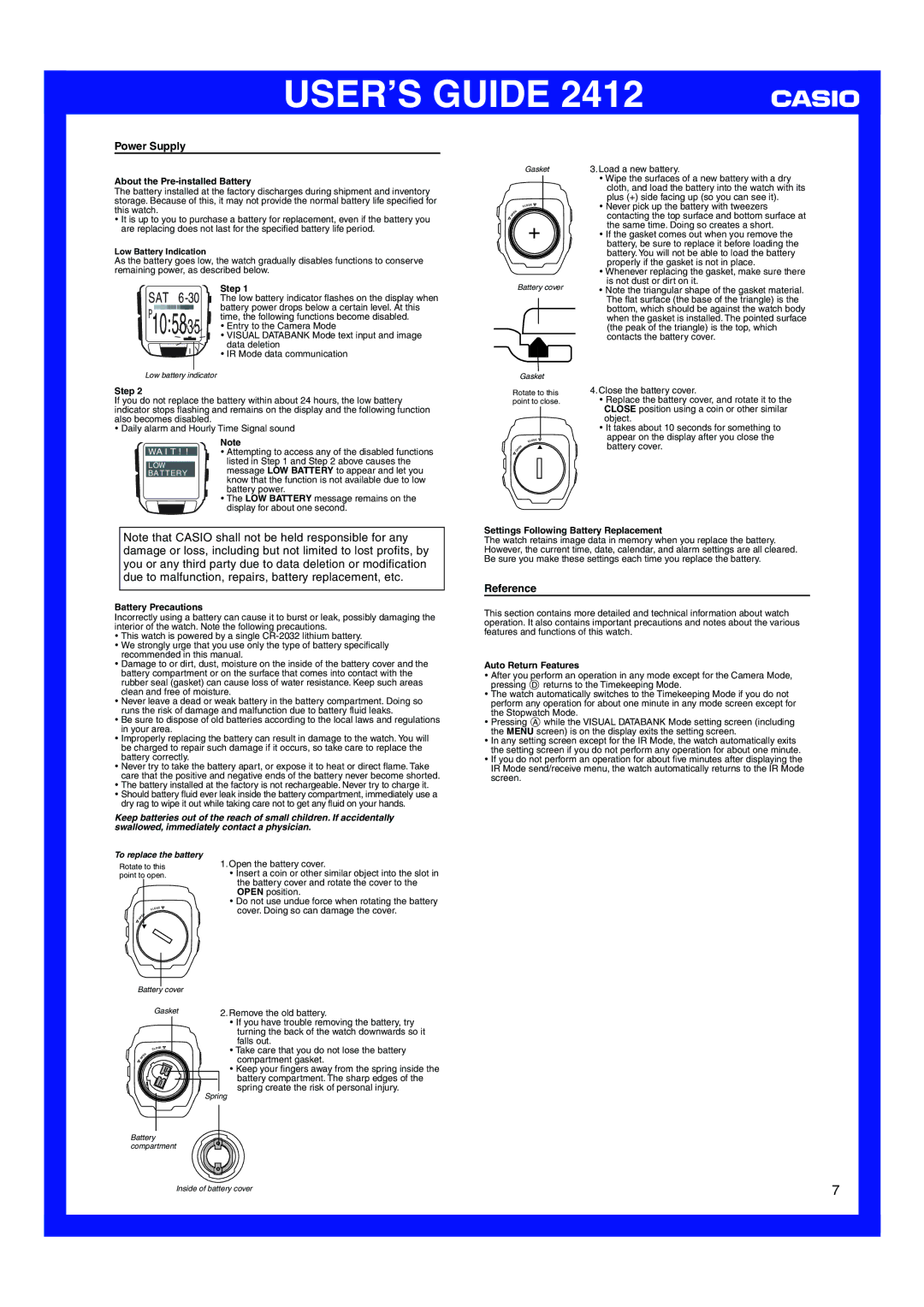 Casio 2412 manual Power Supply, Reference 