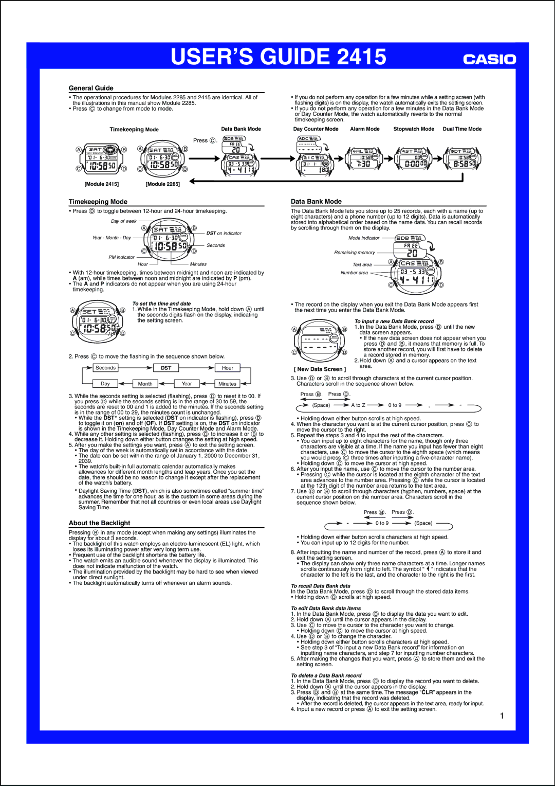 Casio 2415 manual General Guide, Timekeeping Mode, Data Bank Mode, About the Backlight 