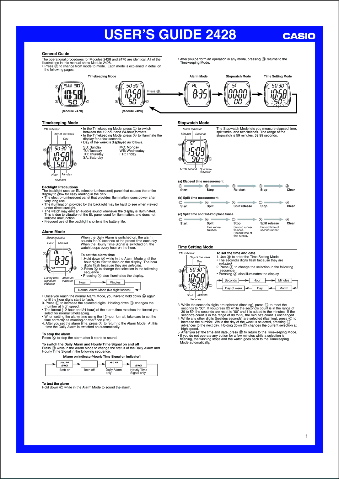 Casio 2428 manual General Guide, Timekeeping Mode, Alarm Mode, Stopwatch Mode, Time Setting Mode 