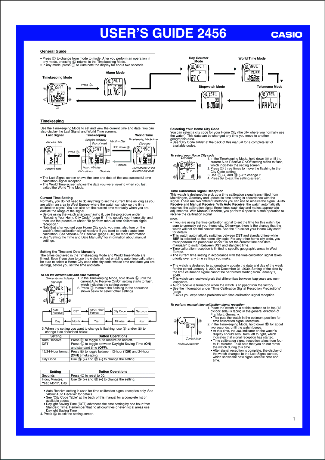 Casio 2456 manual General Guide, Timekeeping 