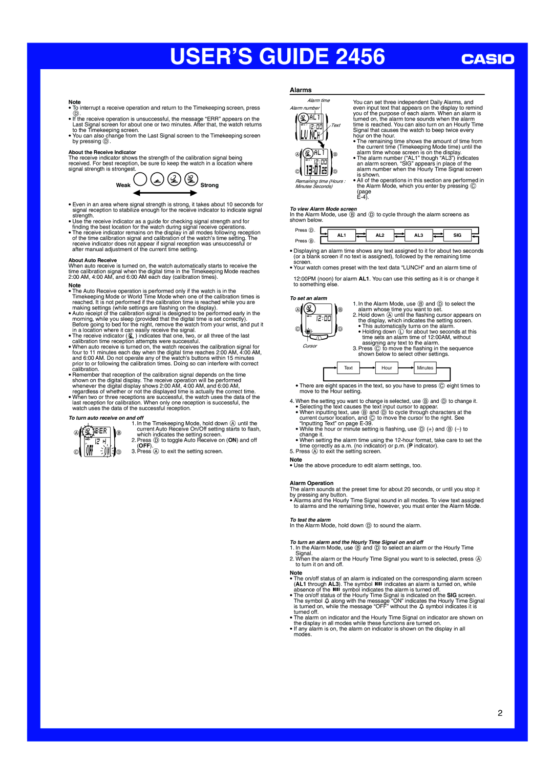 Casio 2456 manual Alarms, Weak Strong, Alarm Operation 