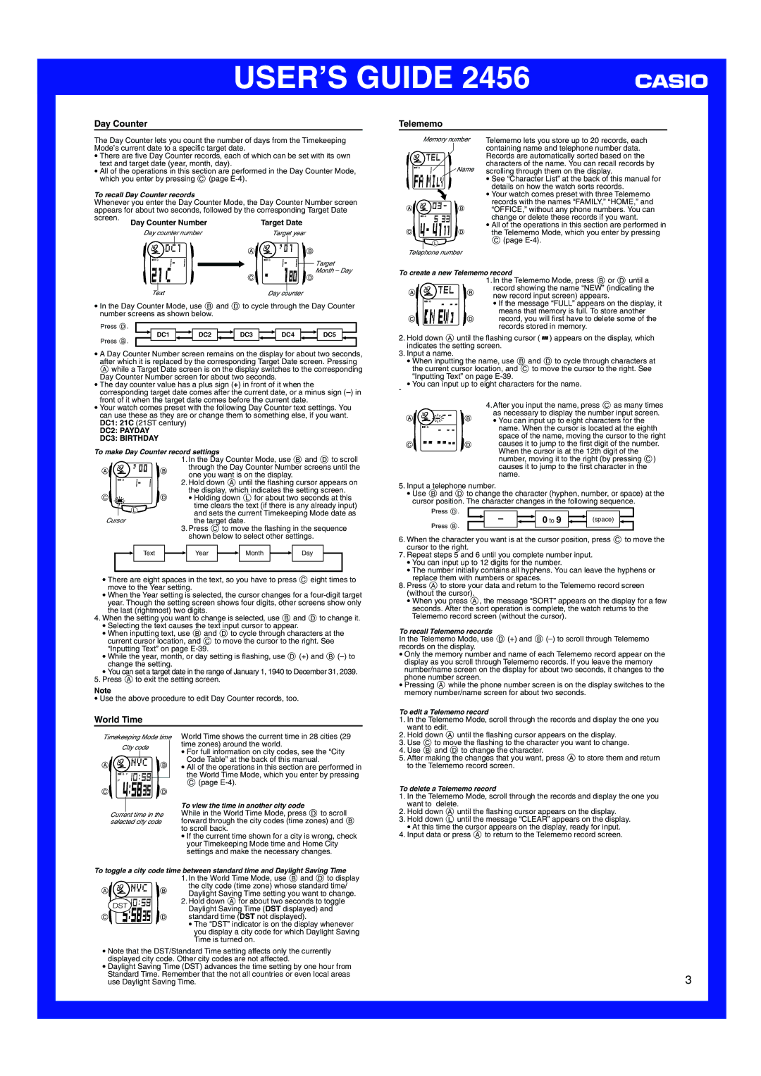 Casio 2456 manual Telememo, World Time 