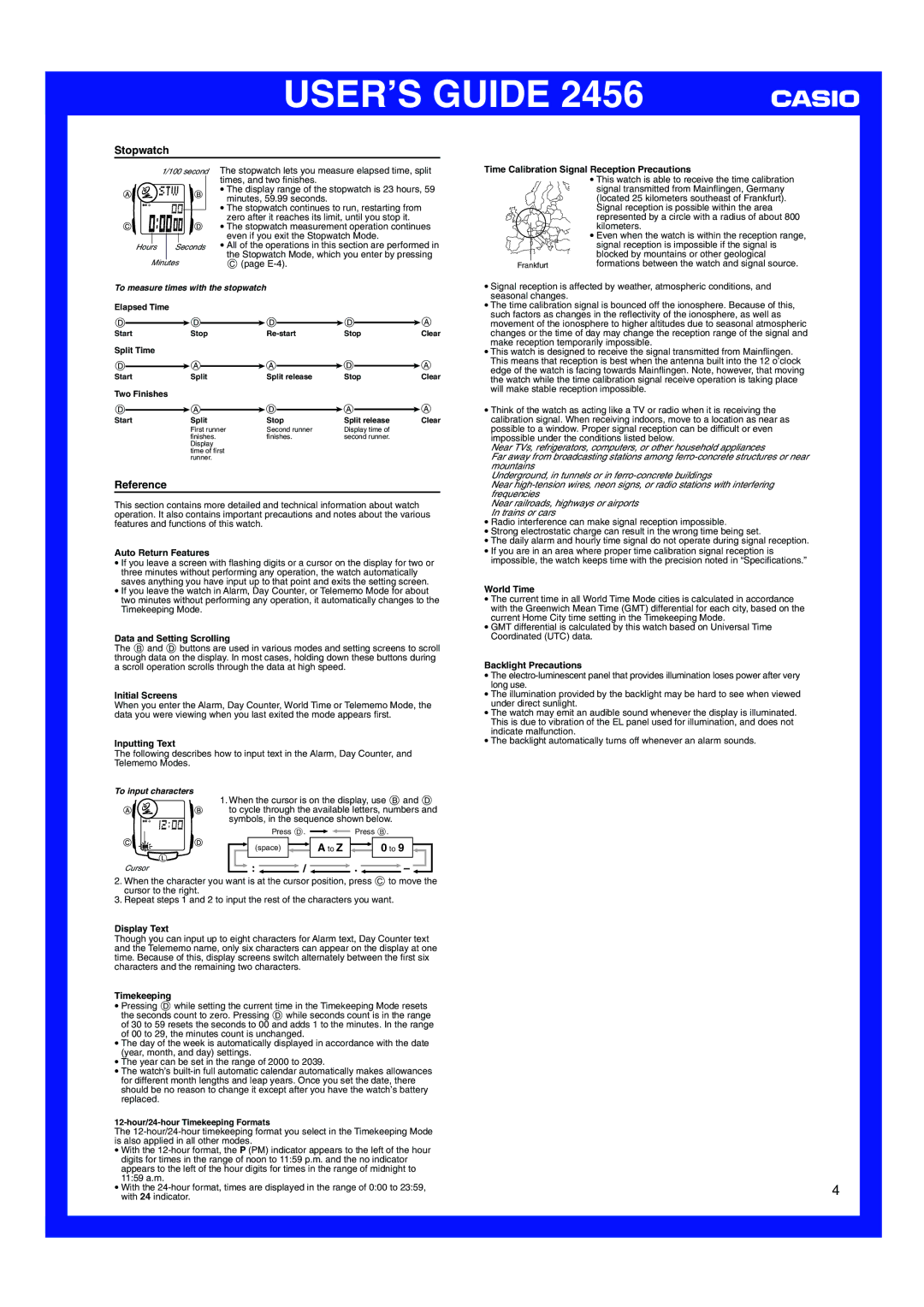 Casio 2456 manual Stopwatch, Reference, To Z 