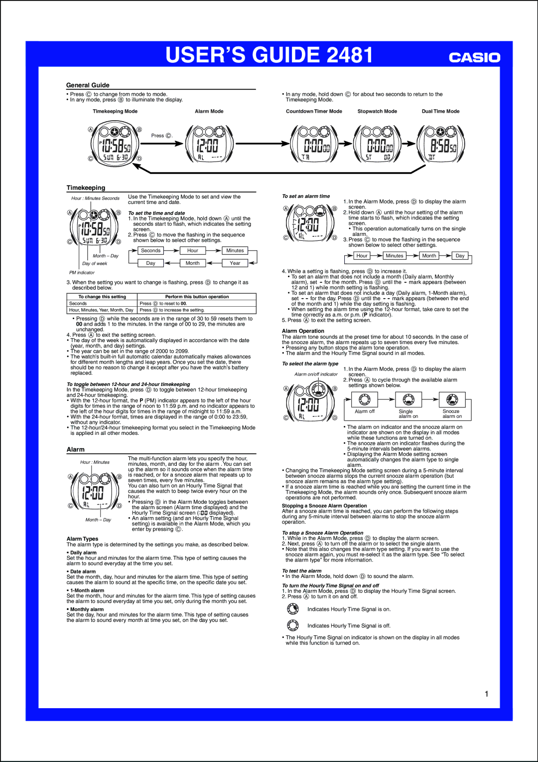 Casio 2481 manual General Guide, Timekeeping, Alarm Operation, Alarm Types 