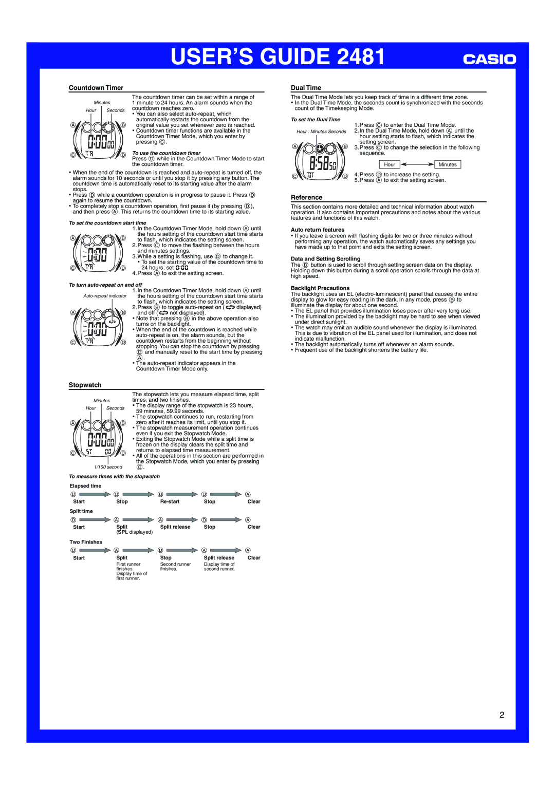 Casio 2481 manual Countdown Timer Dual Time, Reference, Stopwatch 