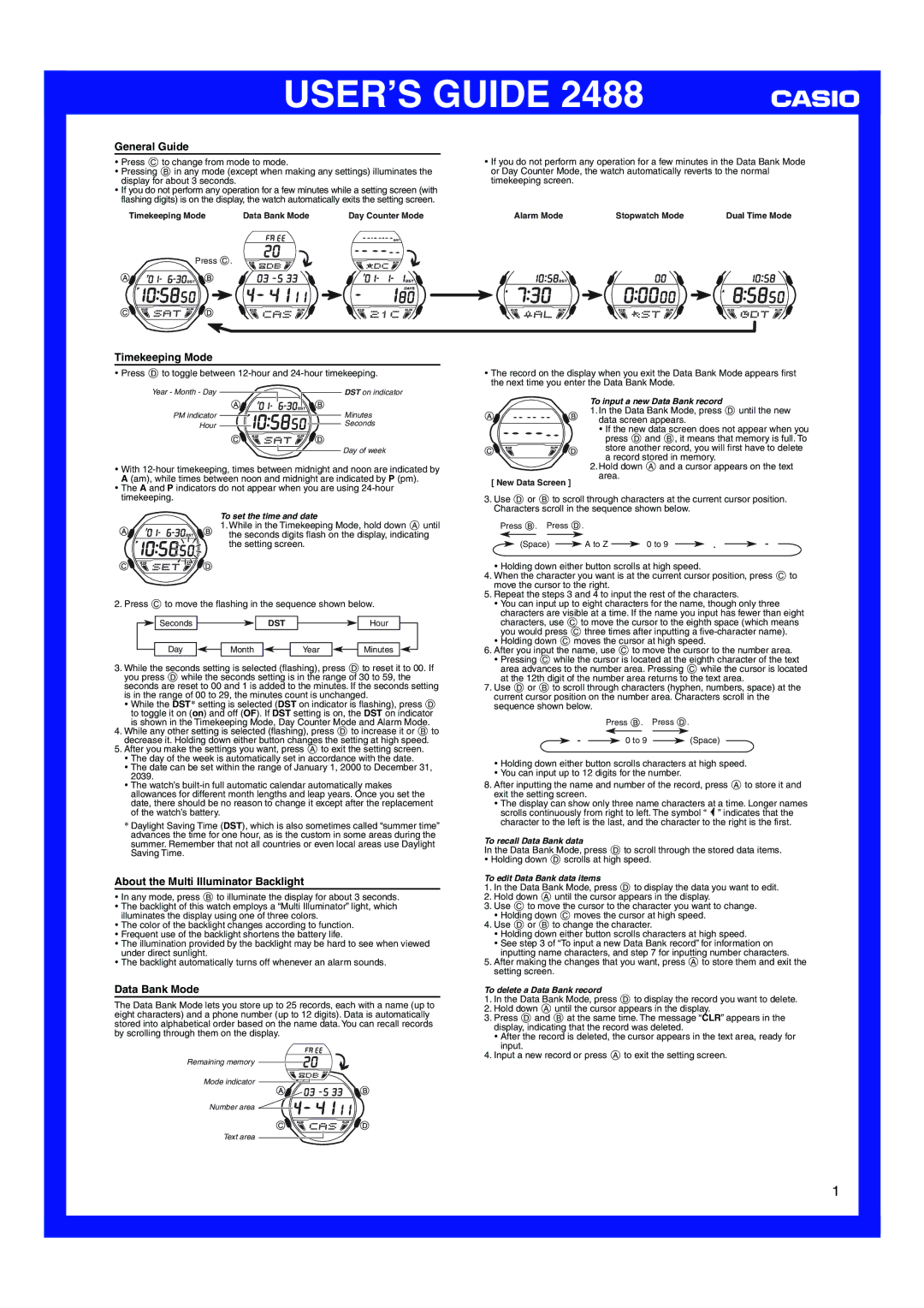 Casio 2488 manual General Guide, Timekeeping Mode, About the Multi Illuminator Backlight, Data Bank Mode 