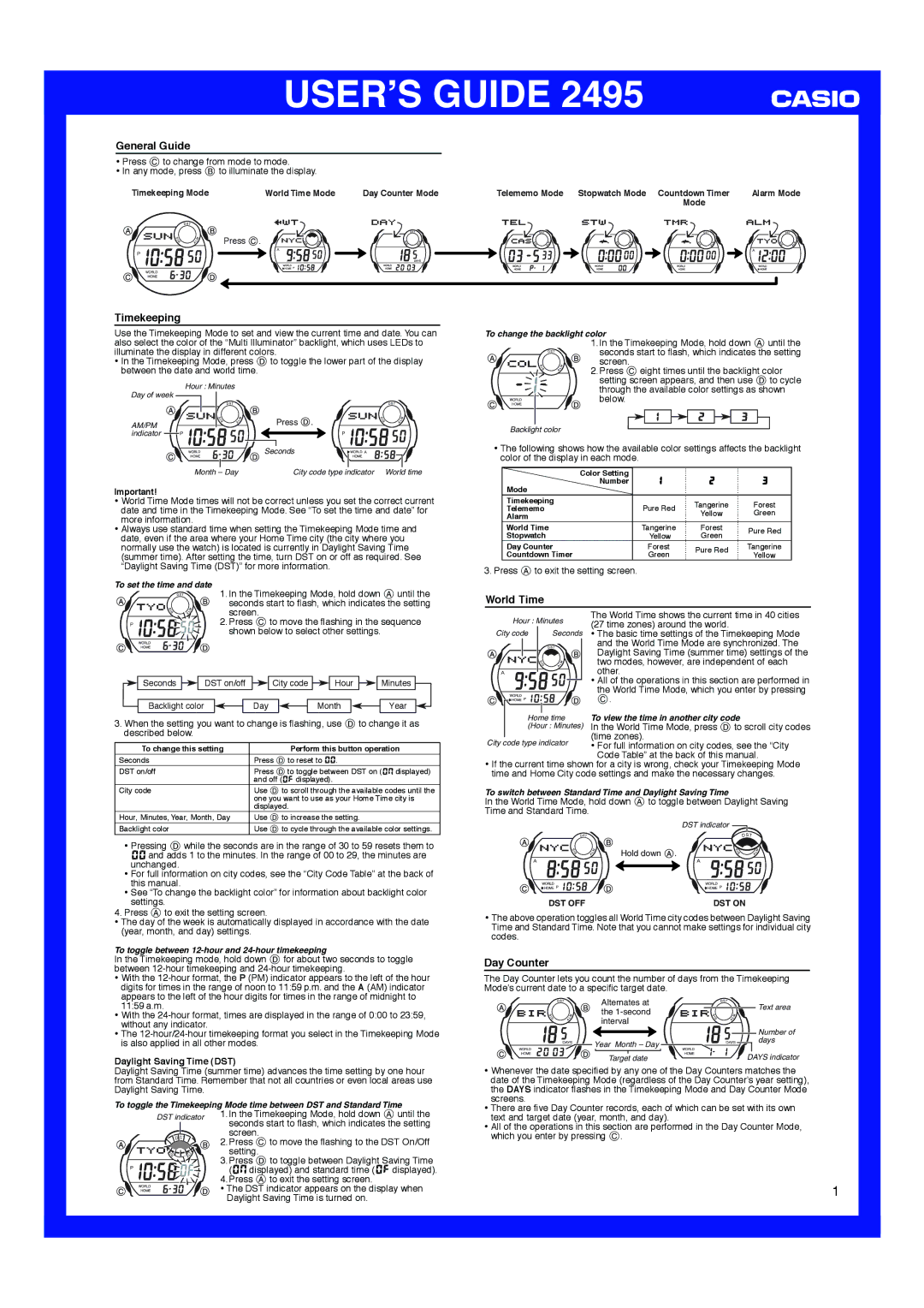 Casio 2495 manual General Guide, Timekeeping, World Time, Day Counter, Daylight Saving Time DST 