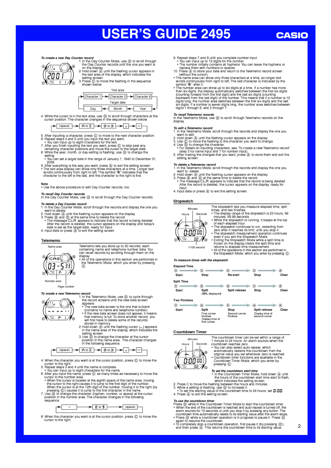 Casio 2495 manual Stopwatch, Telememo, Countdown Timer 