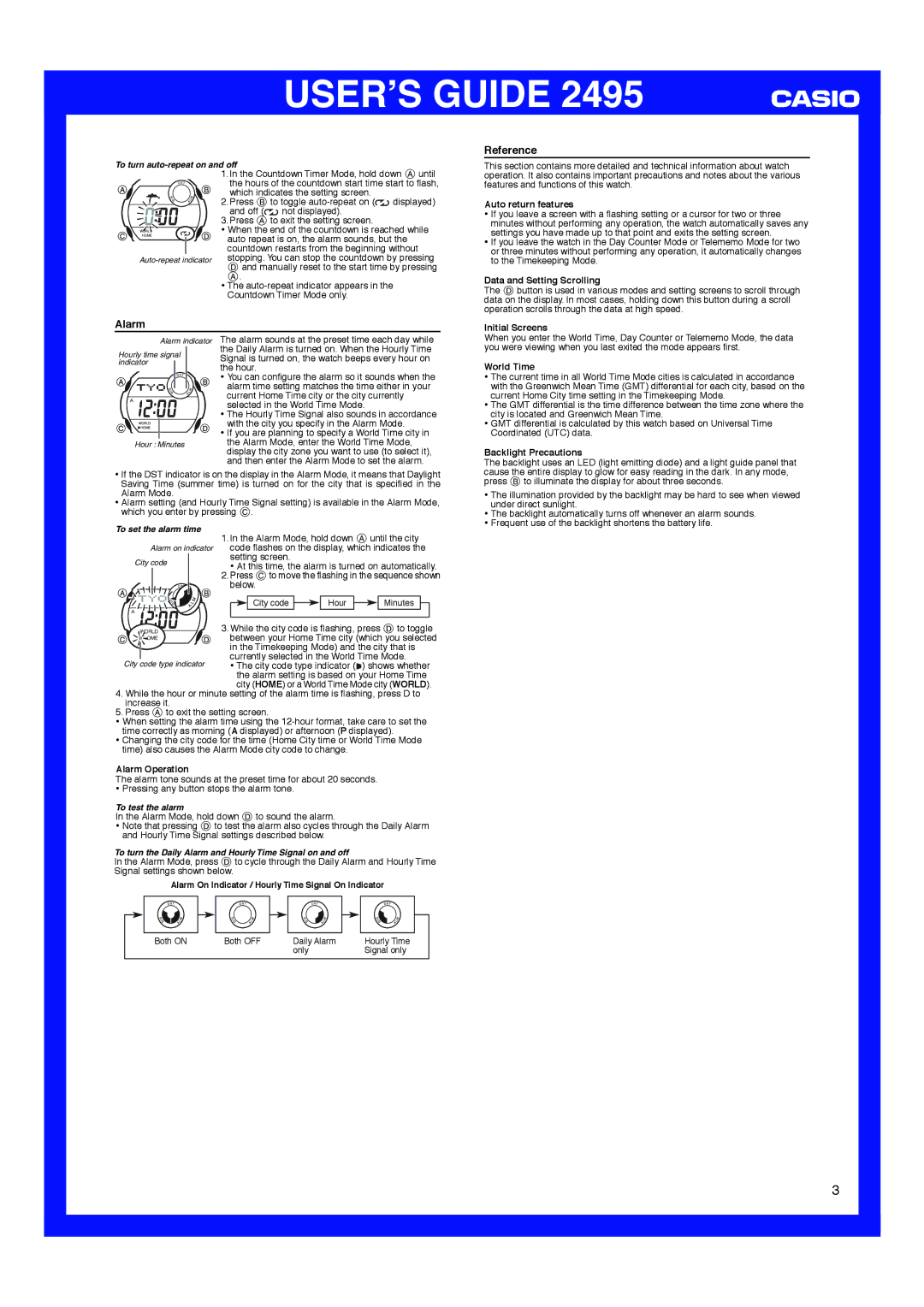 Casio 2495 manual Alarm Reference 