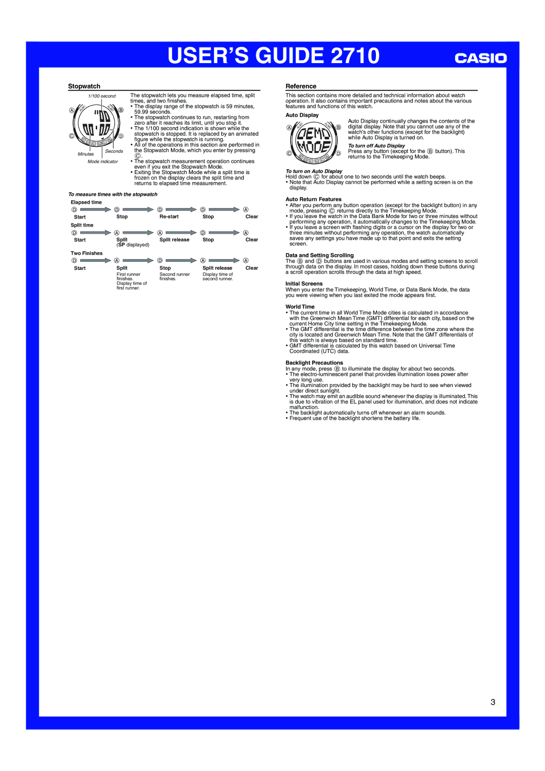 Casio 2710 manual Stopwatch Reference 