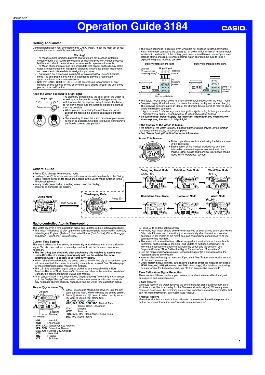 Casio 3184 manual Getting Acquainted, Keep the watch exposed to bright light, If the display of the watch is blank 