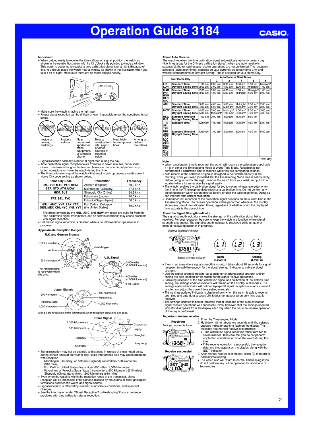 Casio 3184 Signal strength indicator, To perform manual receive 