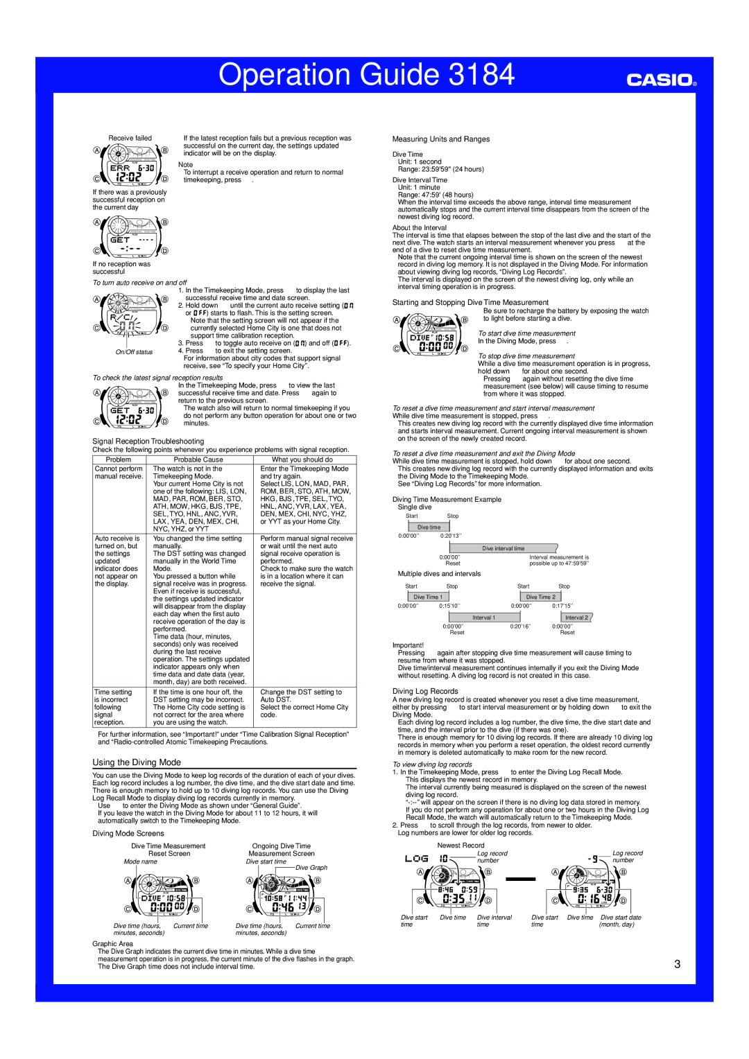 Casio 3184 manual Using the Diving Mode 