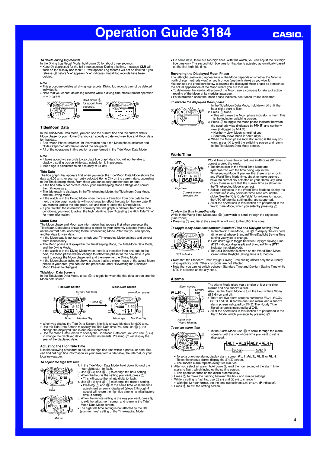 Casio 3184 manual Tide/Moon Data, World Time, Alarms 