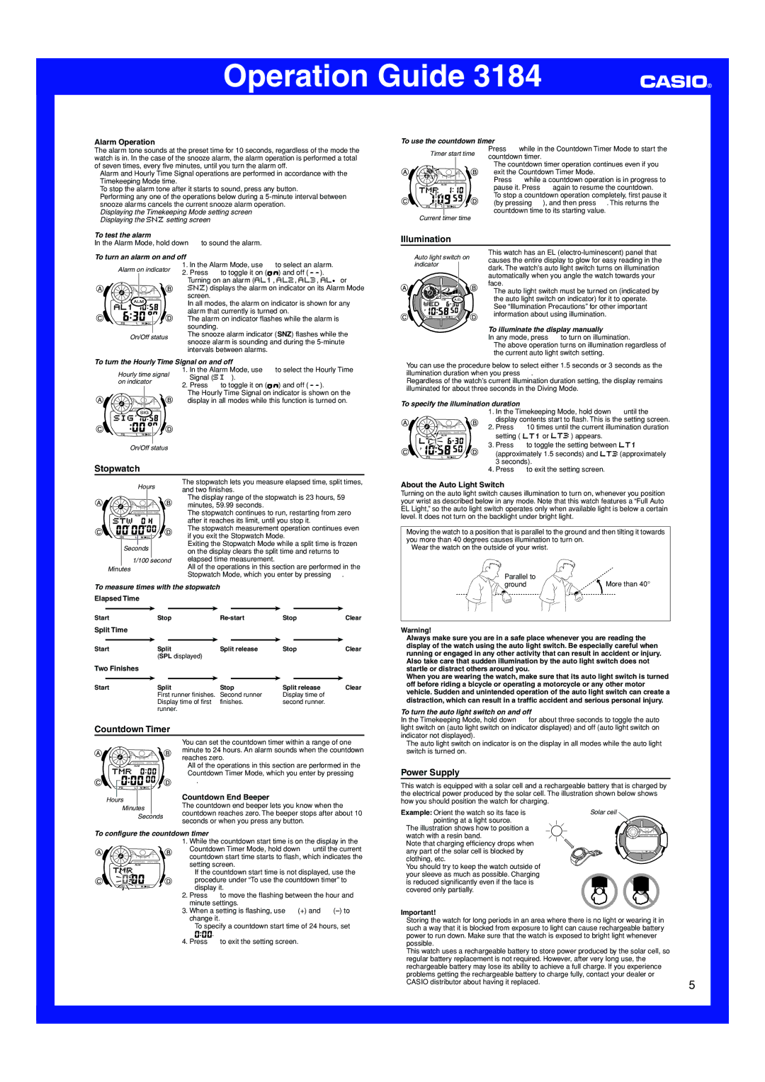 Casio 3184 manual Illumination, Stopwatch, Countdown Timer, Power Supply 