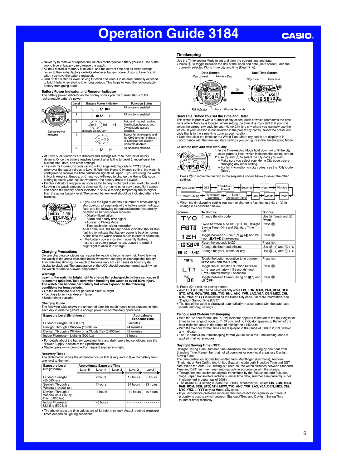 Casio 3184 manual Timekeeping 