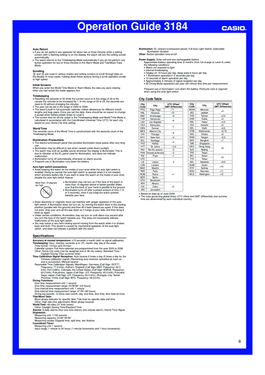 Casio 3184 manual City Code Table, Specifications 