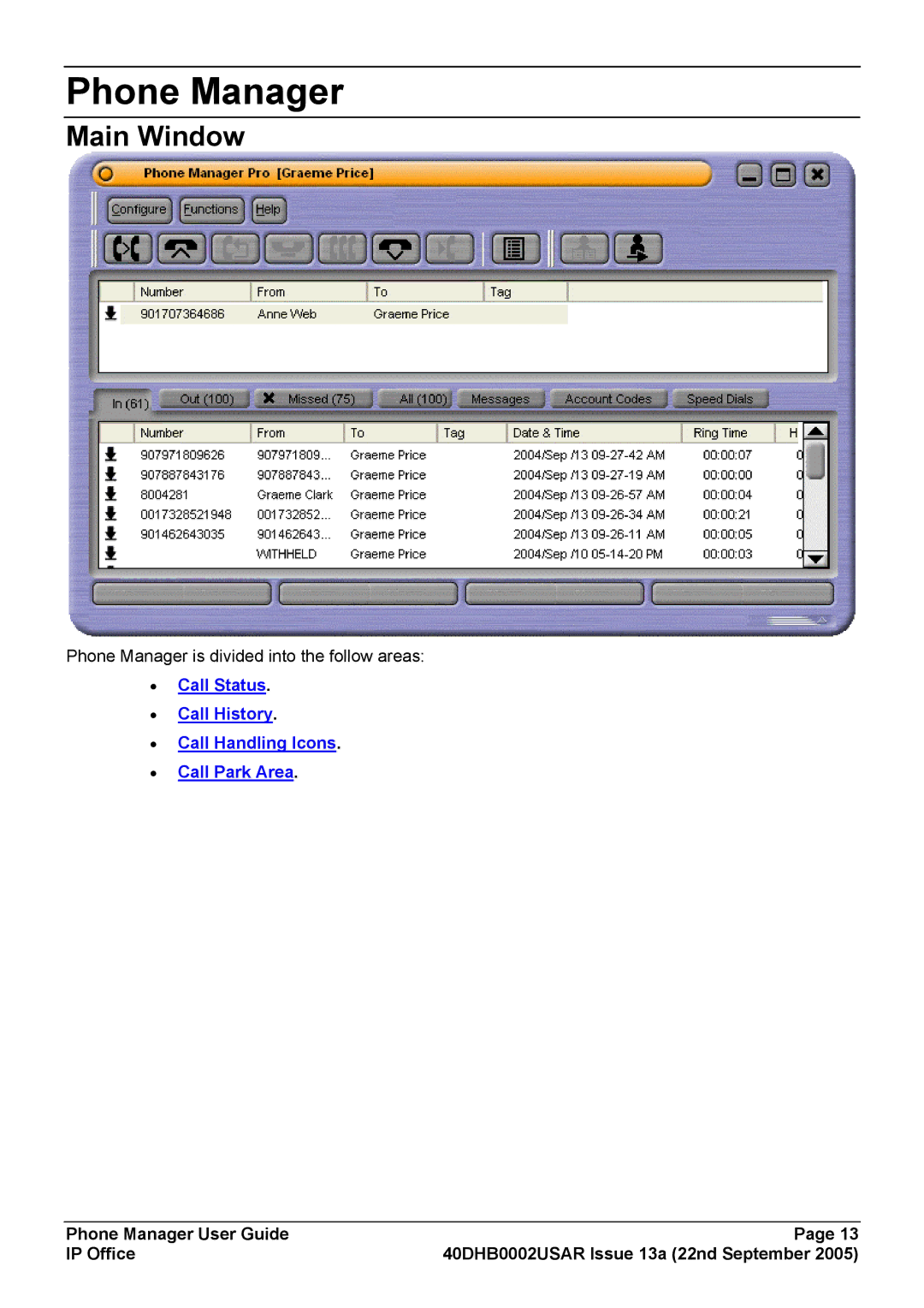 Casio 40DHB0002USAR manual Phone Manager, Main Window 