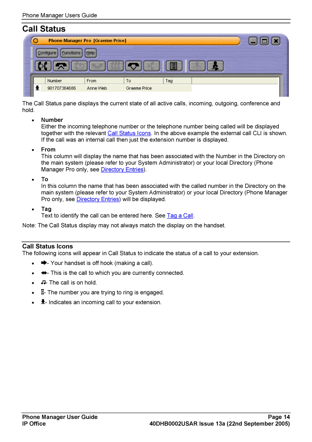 Casio 40DHB0002USAR manual Call Status Icons, Number, From, Tag 