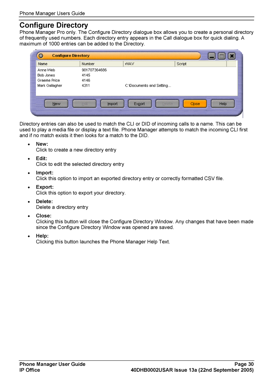 Casio 40DHB0002USAR manual Configure Directory, Import, Export, Close, Help 