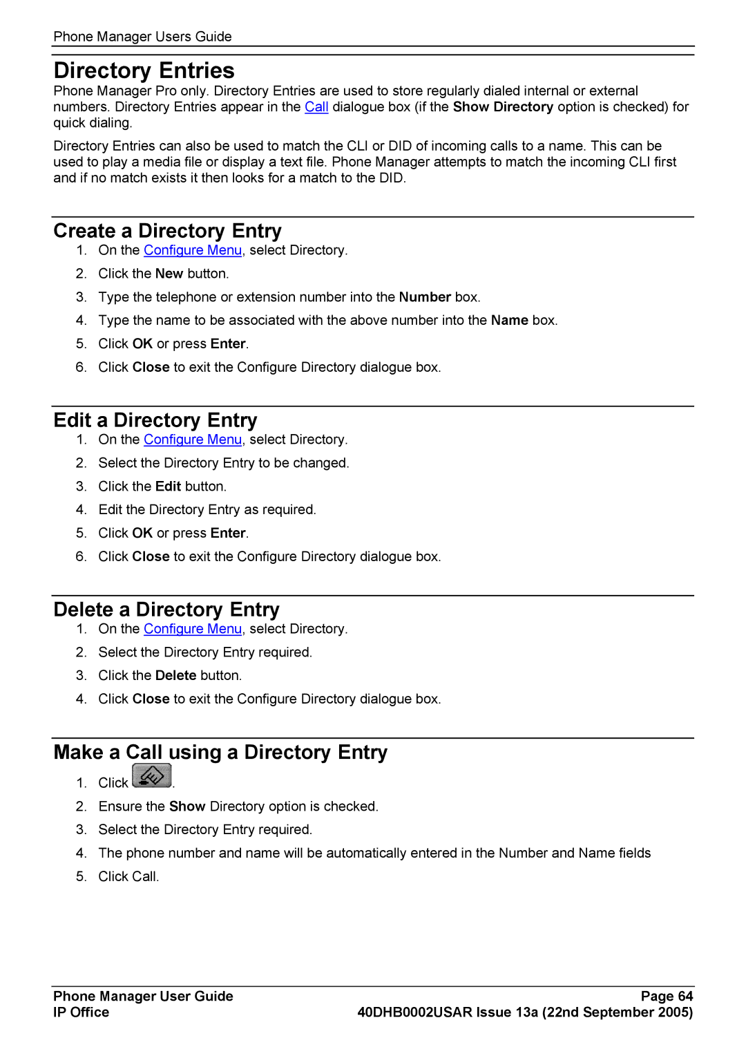 Casio 40DHB0002USAR manual Directory Entries, Create a Directory Entry, Edit a Directory Entry, Delete a Directory Entry 