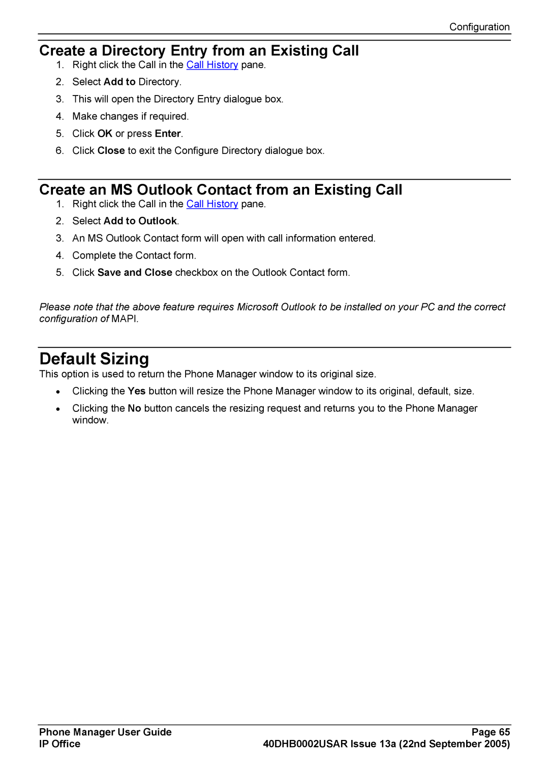 Casio 40DHB0002USAR manual Default Sizing, Create a Directory Entry from an Existing Call, Select Add to Outlook 