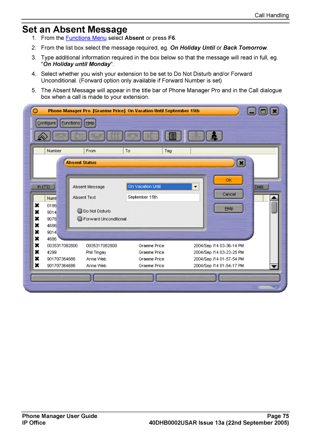 Casio 40DHB0002USAR manual Set an Absent Message 