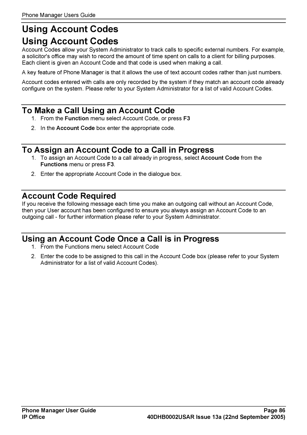 Casio 40DHB0002USAR manual Using Account Codes, To Make a Call Using an Account Code, Account Code Required 