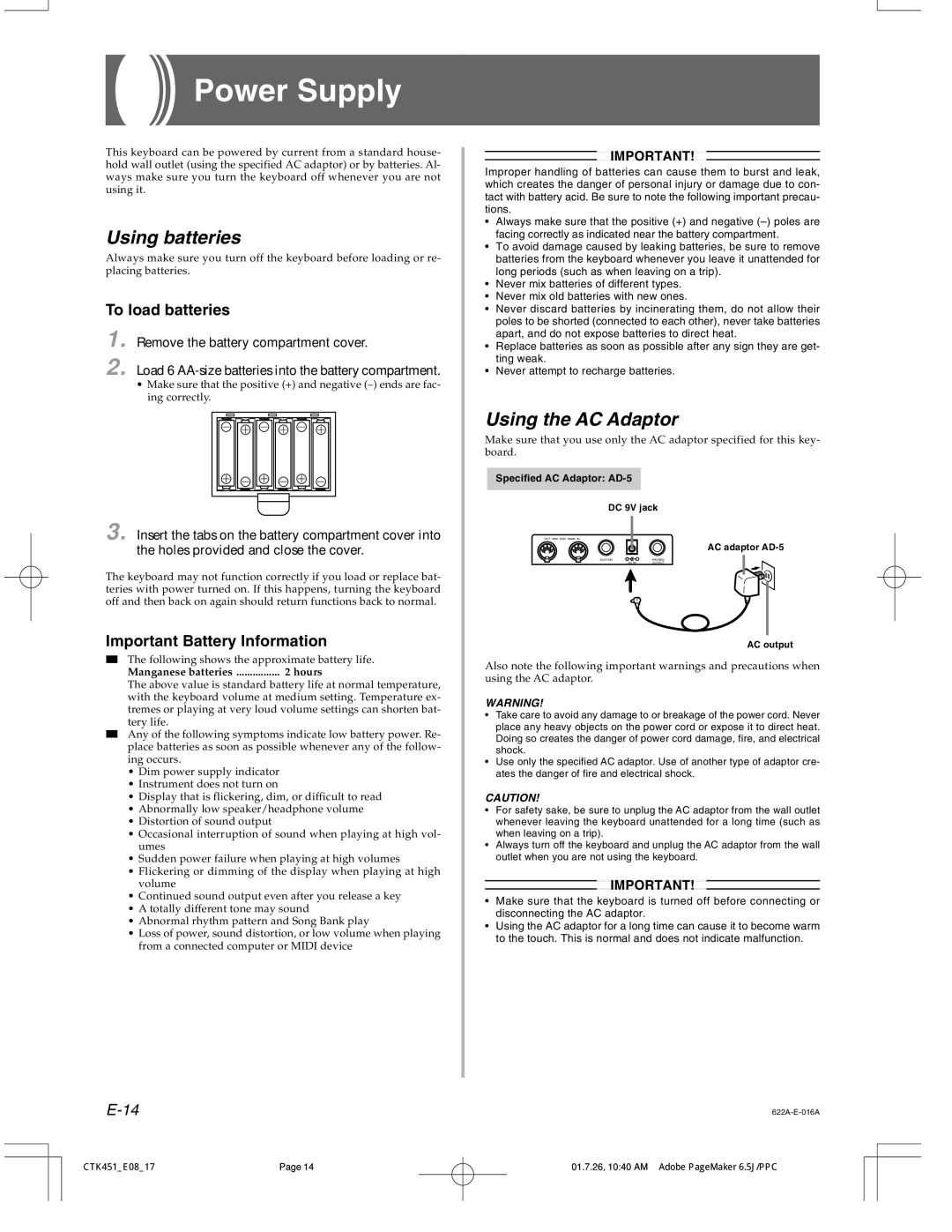 Casio 451 manual Power Supply, Using batteries, Using the AC Adaptor, To load batteries, Important Battery Information 