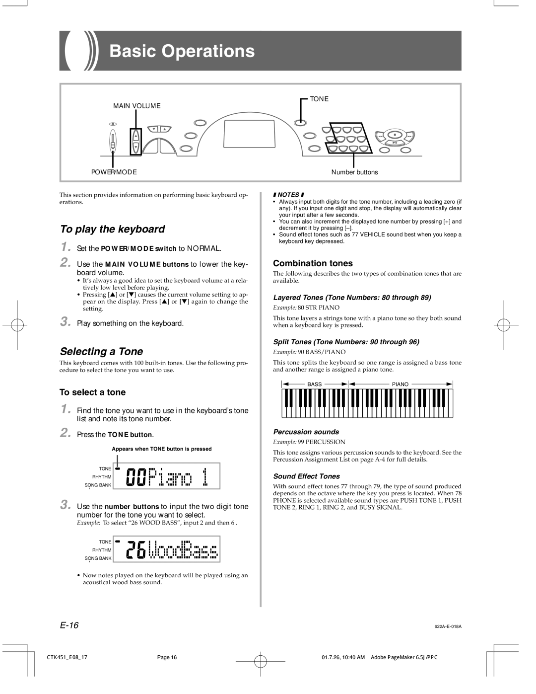 Casio 451 manual Basic Operations, To play the keyboard, Selecting a Tone, To select a tone, Combination tones 