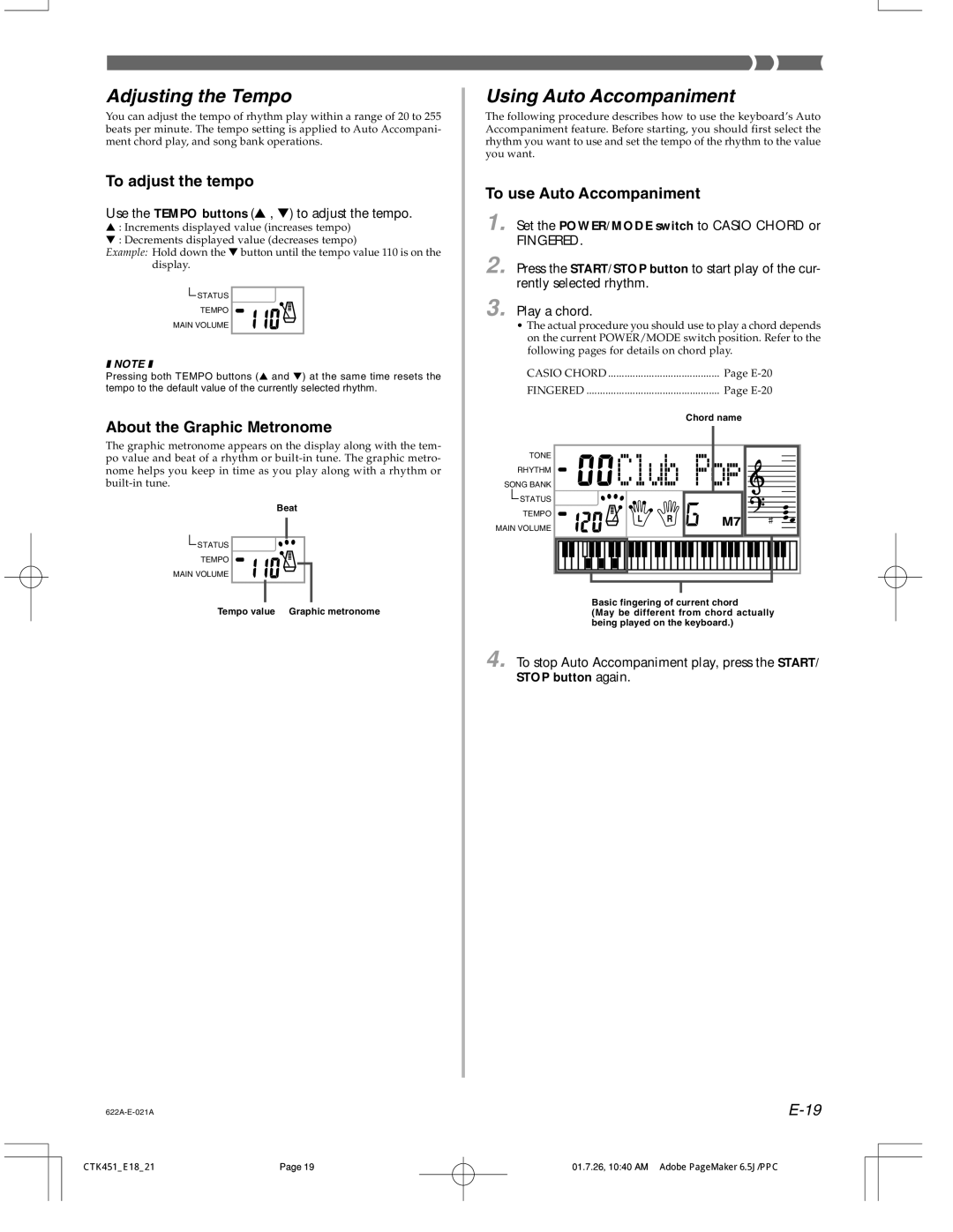 Casio 451 manual Adjusting the Tempo, Using Auto Accompaniment, To adjust the tempo, About the Graphic Metronome 