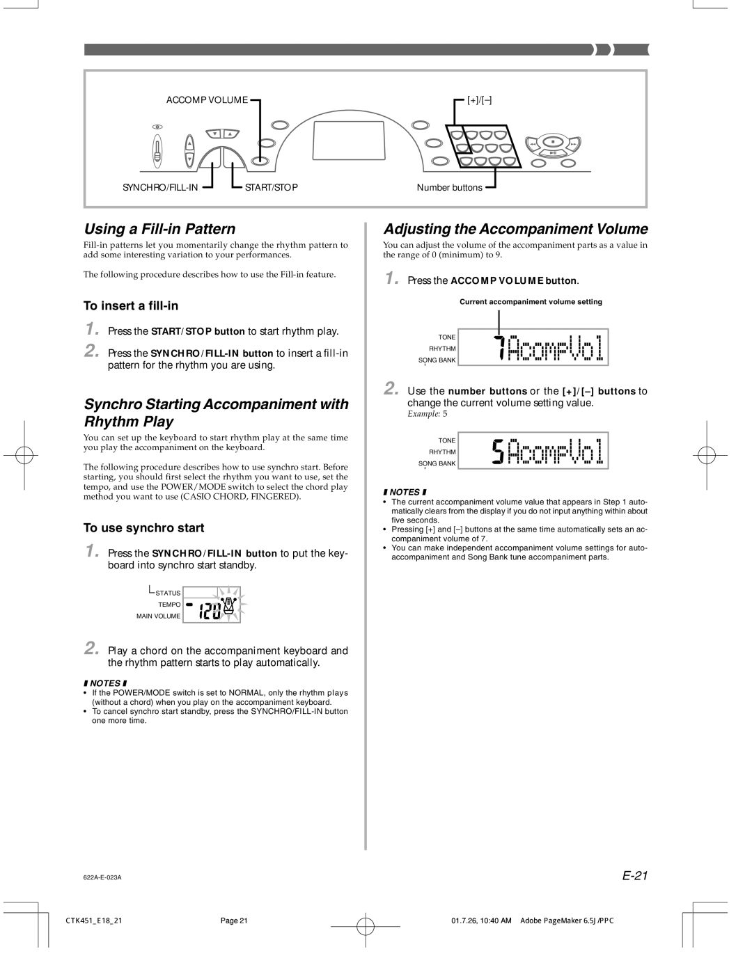 Casio 451 Using a Fill-in Pattern, Synchro Starting Accompaniment with Rhythm Play, Adjusting the Accompaniment Volume 