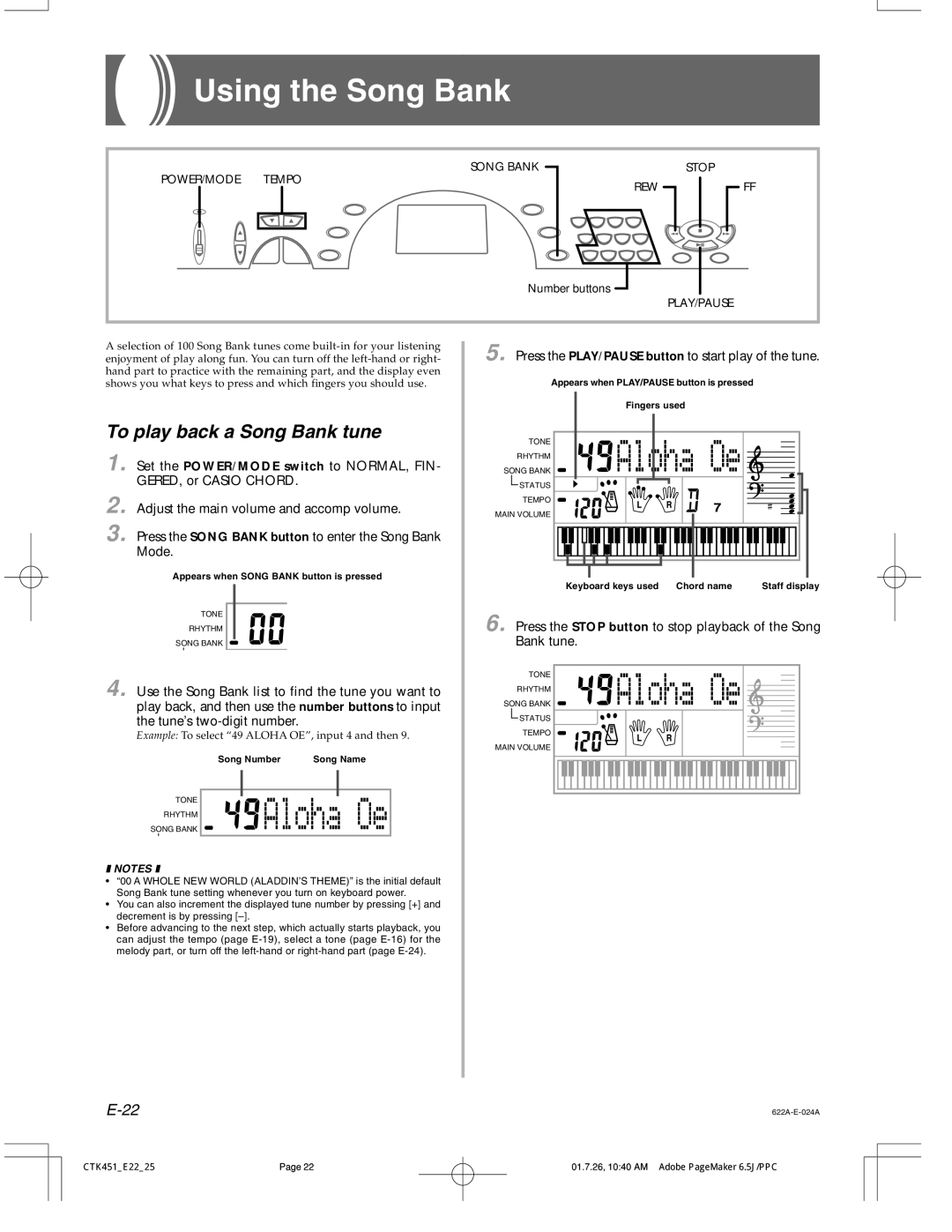 Casio 451 manual Using the Song Bank, Press the Stop button to stop playback of the Song Bank tune 