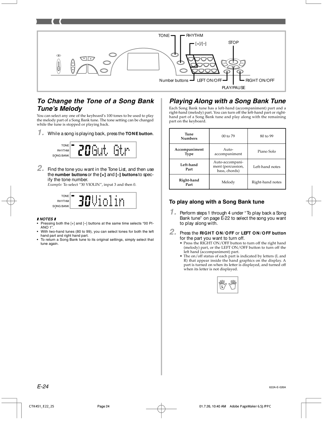 Casio 451 manual To Change the Tone of a Song Bank Tune’s Melody, Playing Along with a Song Bank Tune 