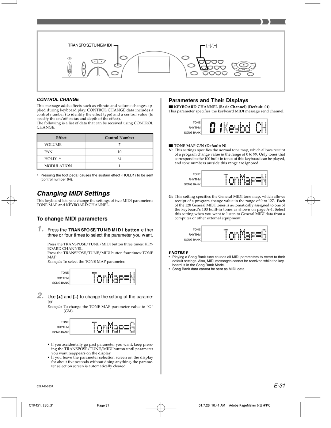 Casio 451 manual Changing Midi Settings, To change Midi parameters, Parameters and Their Displays 