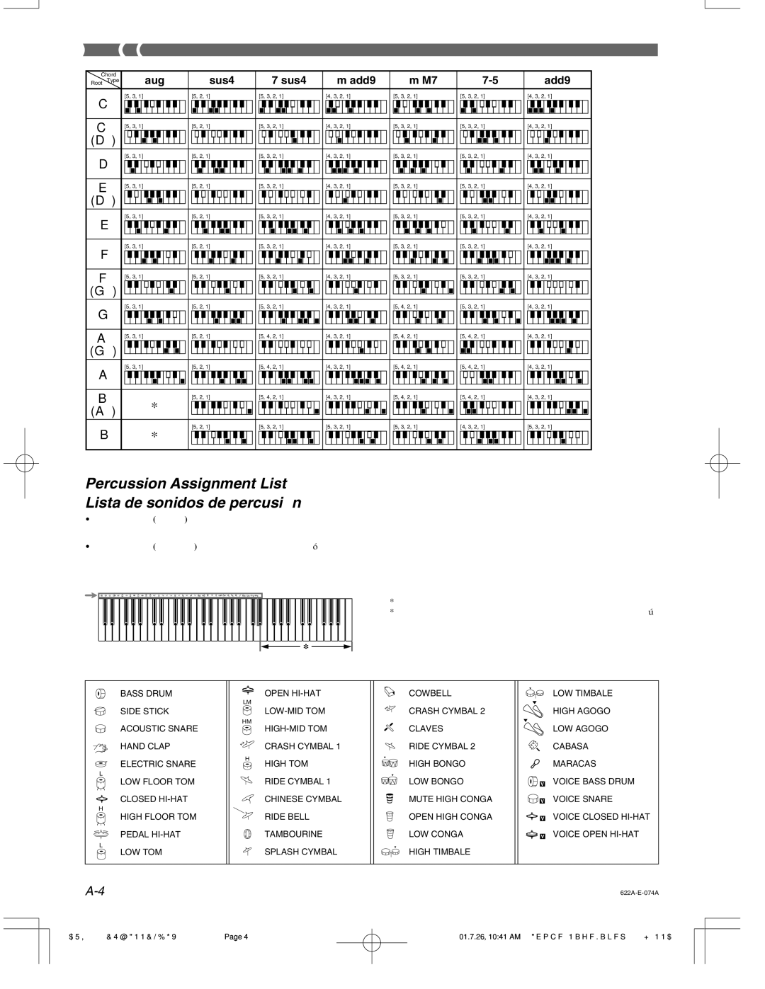 Casio 451 manual Percussion Assignment List Lista de sonidos de percusión 