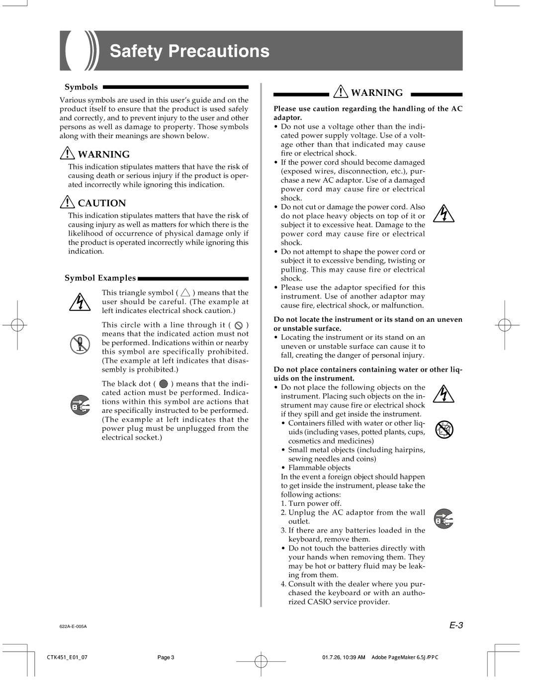 Casio 451 manual Safety Precautions 