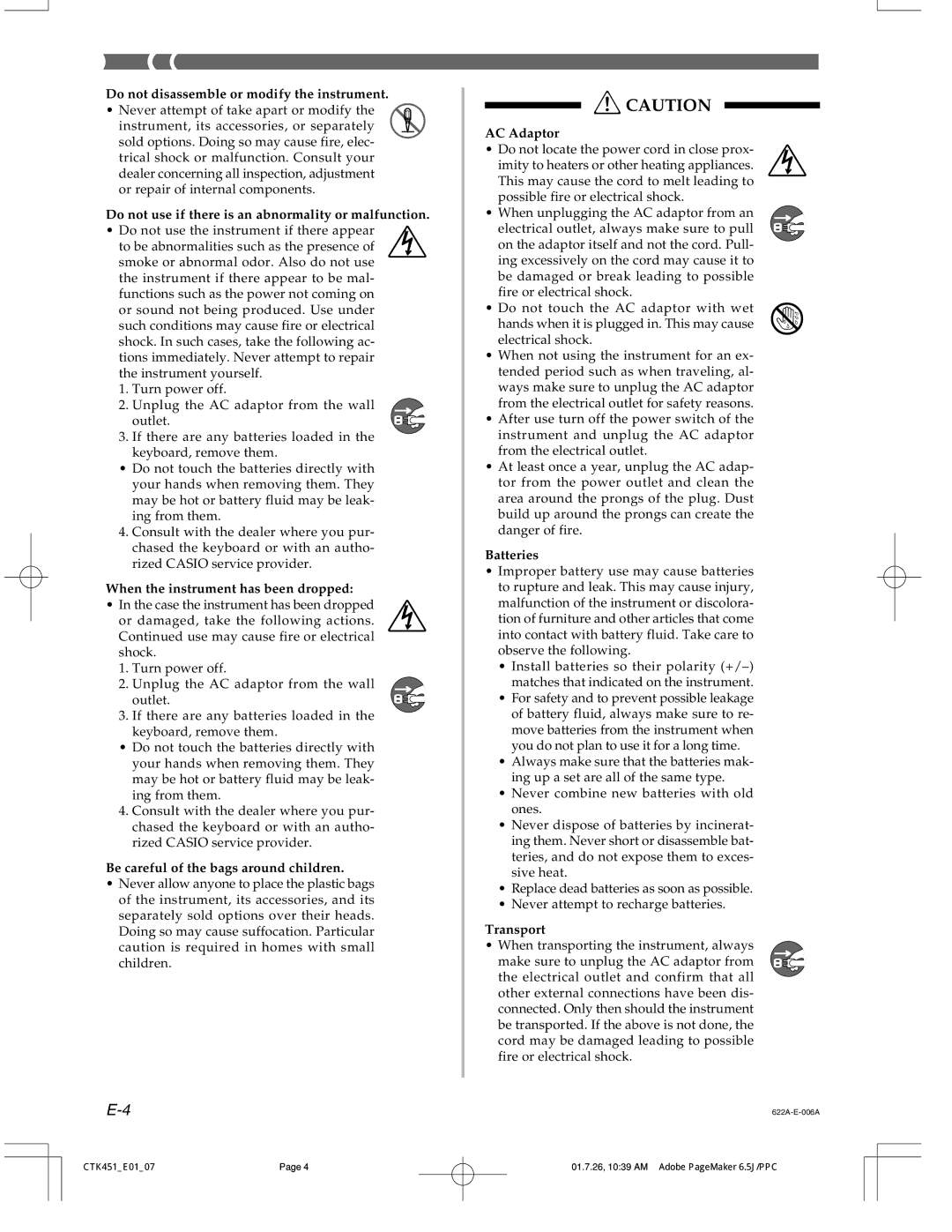 Casio 451 manual Do not disassemble or modify the instrument 