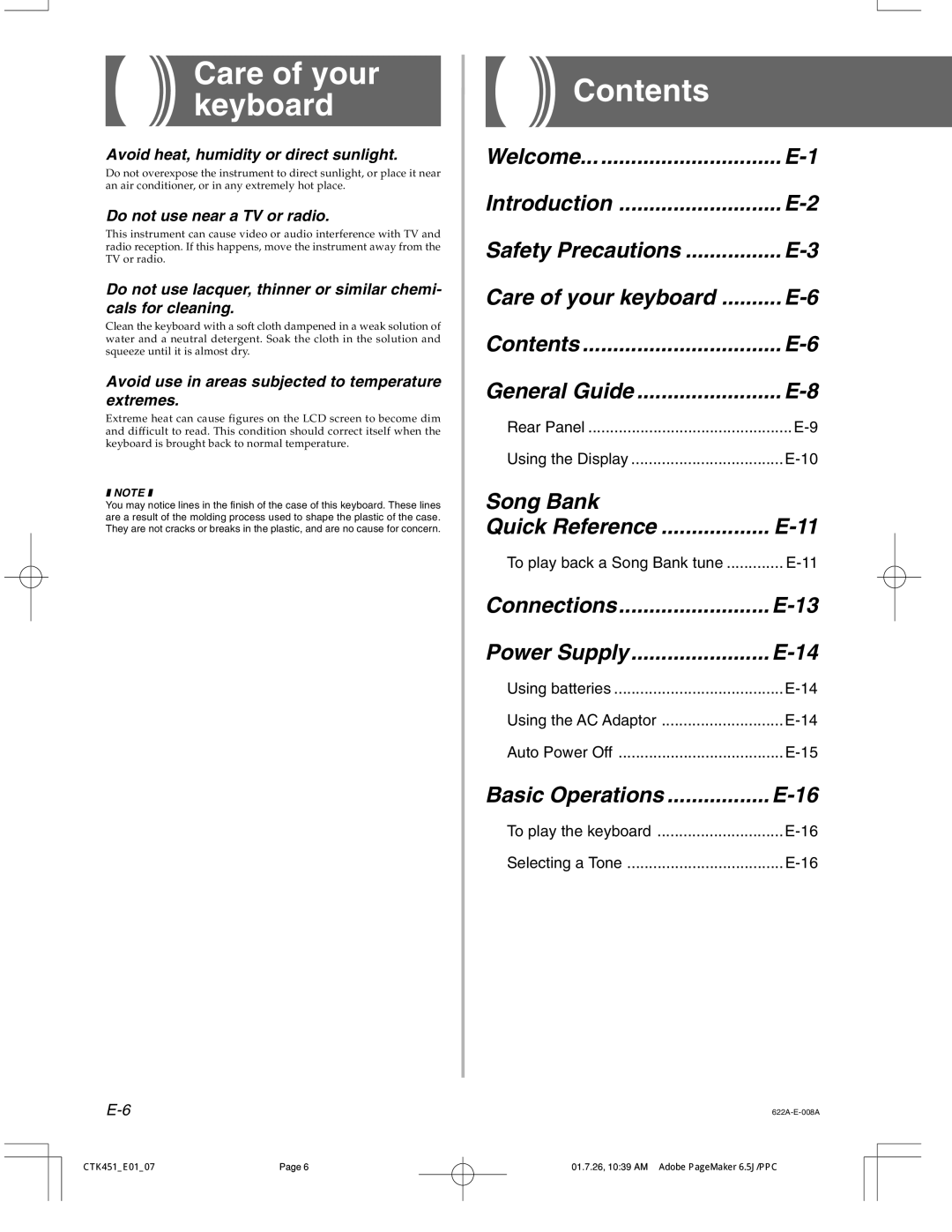 Casio 451 manual Care of your keyboard, Contents 