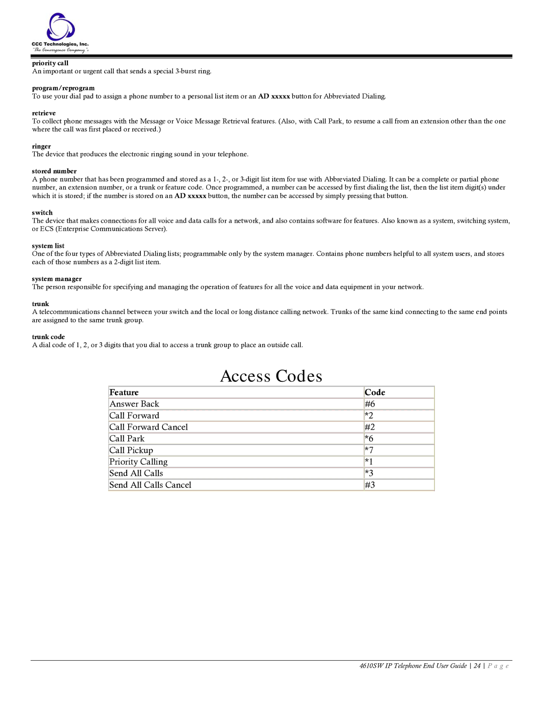 Casio 4610SW manual Access Codes, Feature Code 